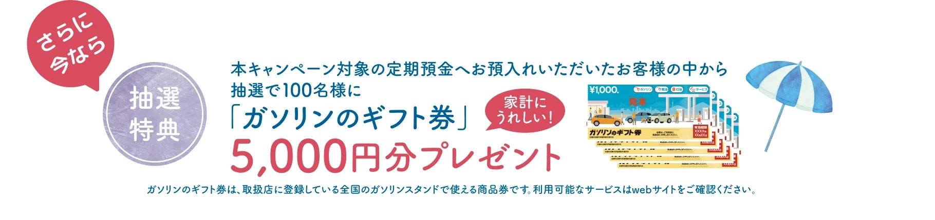 さらに今なら、抽選特典。本キャンペーン対象の定期預金へお預入れいただいたお客様の中から抽選で100名様に「ガソリンのギフト券」5,000円分プレゼント