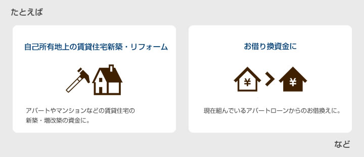 たとえば　自己所有地上の賃貸住宅新築・リフォーム。お借り換資金に。